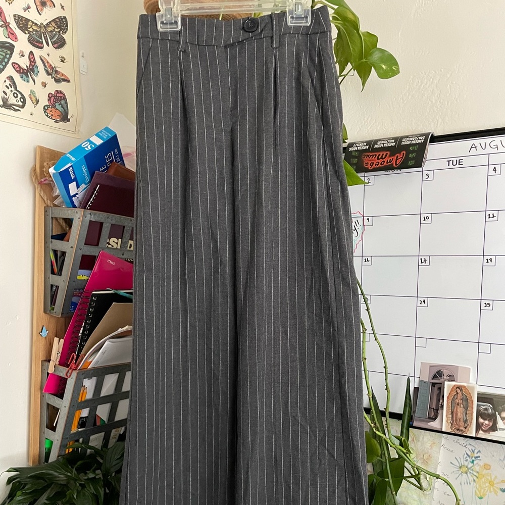 Bershka Gray Pinstripe Wide-Leg Trousers